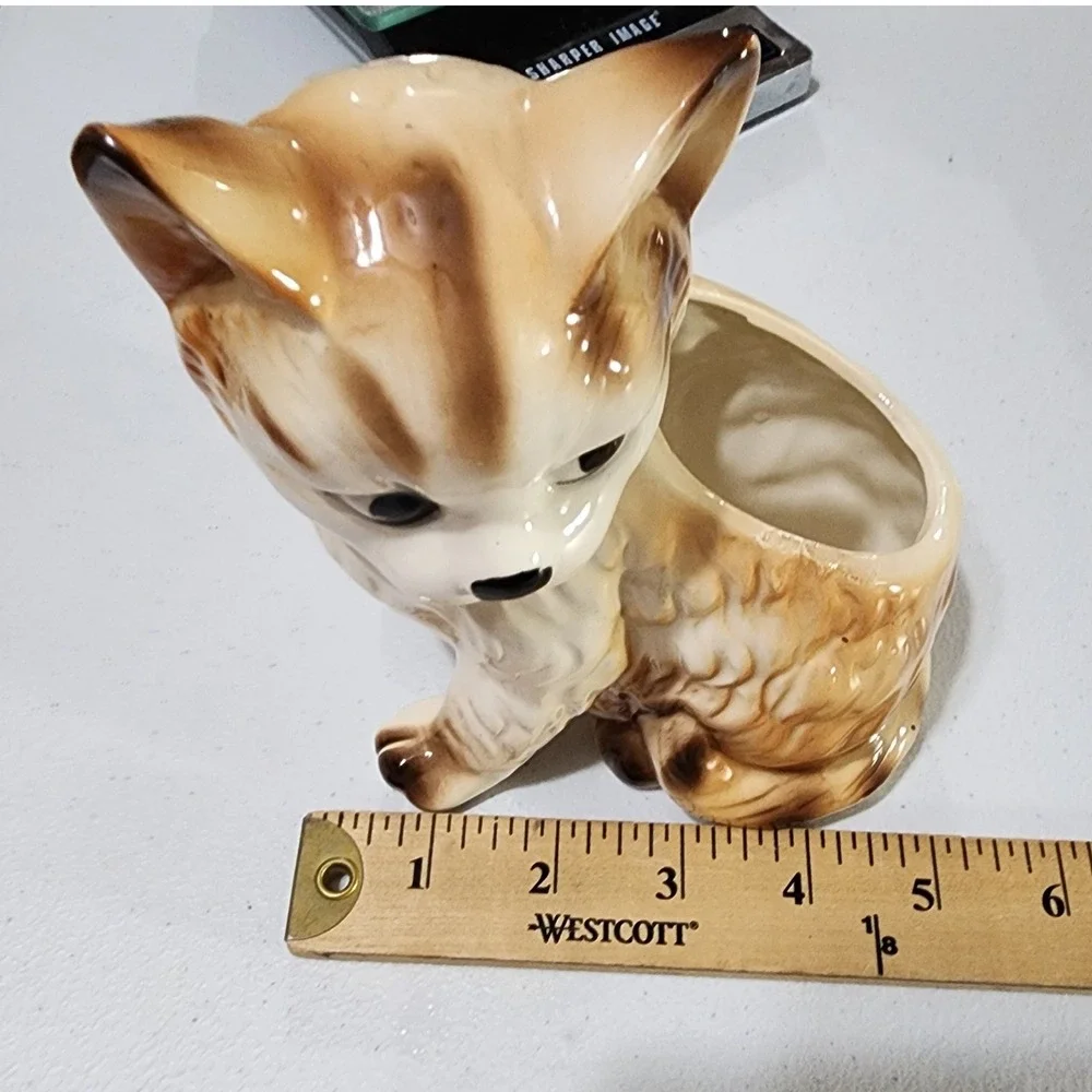 Vintage Ceramic Cat Planter Made in Japan Brown White Kitten Figurine Succulent